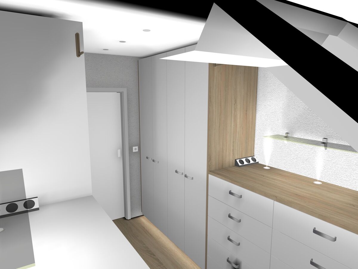 Kleiderschrank mit Nussbaumrahmen, weißen Fronten und offenem Fach