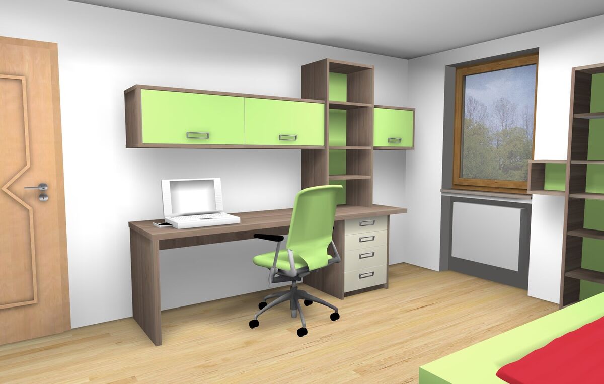3D-Planung des Jugendzimmers mit Schreibtischwand und grünen Oberschränken